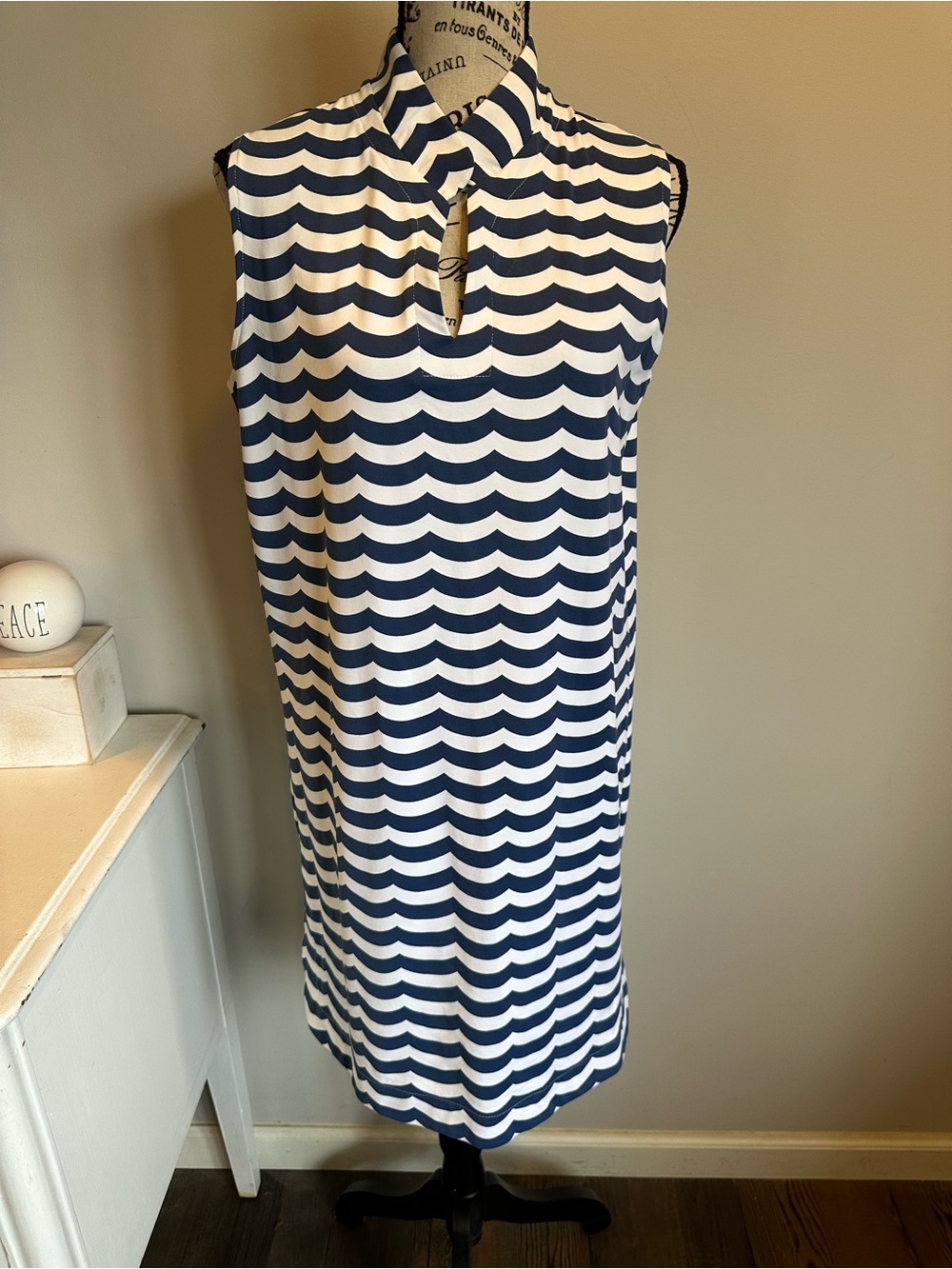 Sailor-Sailor Dragonfly Seaport Wave Nautical Blue & White Dress Size Large NWT
